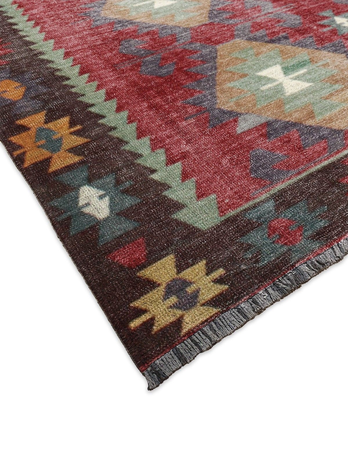 Montis Halı Vivere 35021 Bordo Şönil Dokuma Renkli Kilim Desenli Makine Halısı