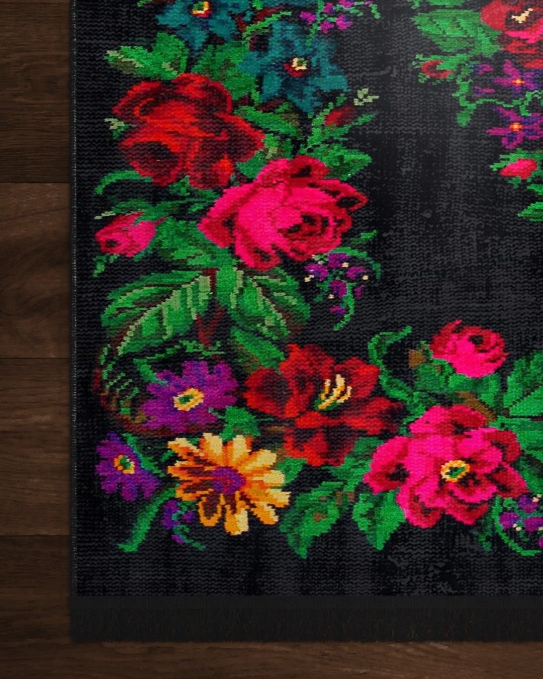 Montis Halı Flores 200003 Siyah Parlak Yumuşak Dokuma Taban Renkli Karabağ Halı