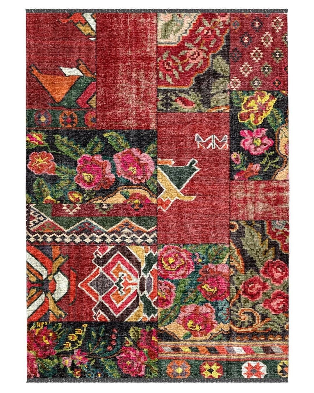 Montis Halı Mensis 27021 Kırmızı Makine Dokuması Renkli Şönil Patchwork Halı