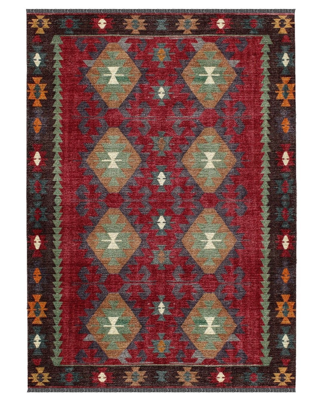 Montis Halı Vivere 35021 Bordo Şönil Dokuma Renkli Kilim Desenli Makine Halısı