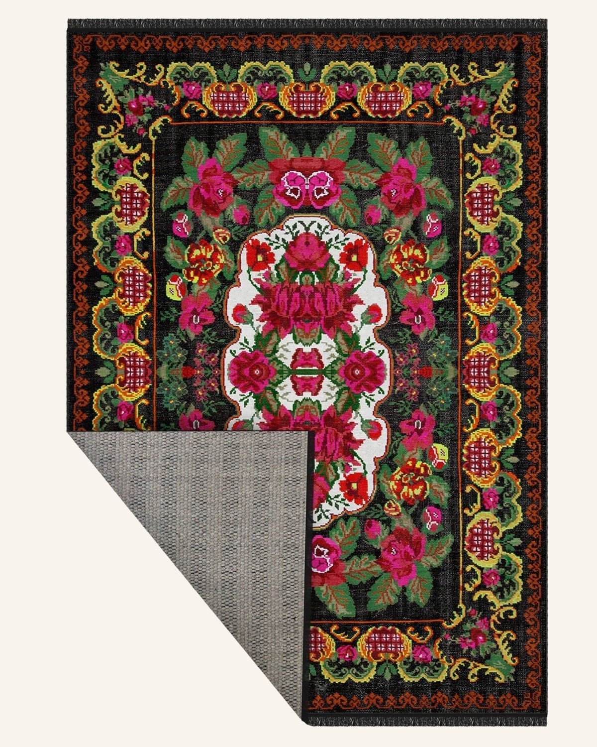 Montis Halı Flores 200027 Siyah Parlak Yumuşak Dokuma Taban Renkli Karabağ Halı