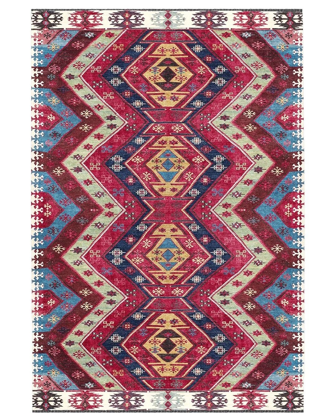 Montis Halı Vivere 35017 Fuşya Şönil Dokuma Renkli Kilim Desenli Makine Halısı