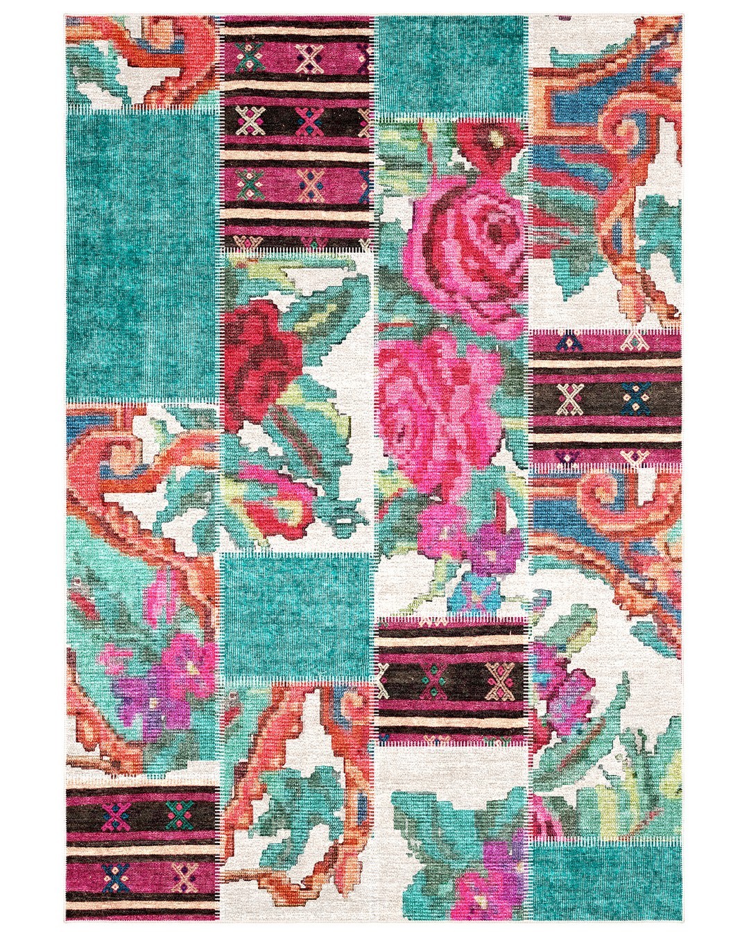 Montis Halı Mensis 27028 Beyaz Turkuaz Dokuma Taban Patchwork Halı