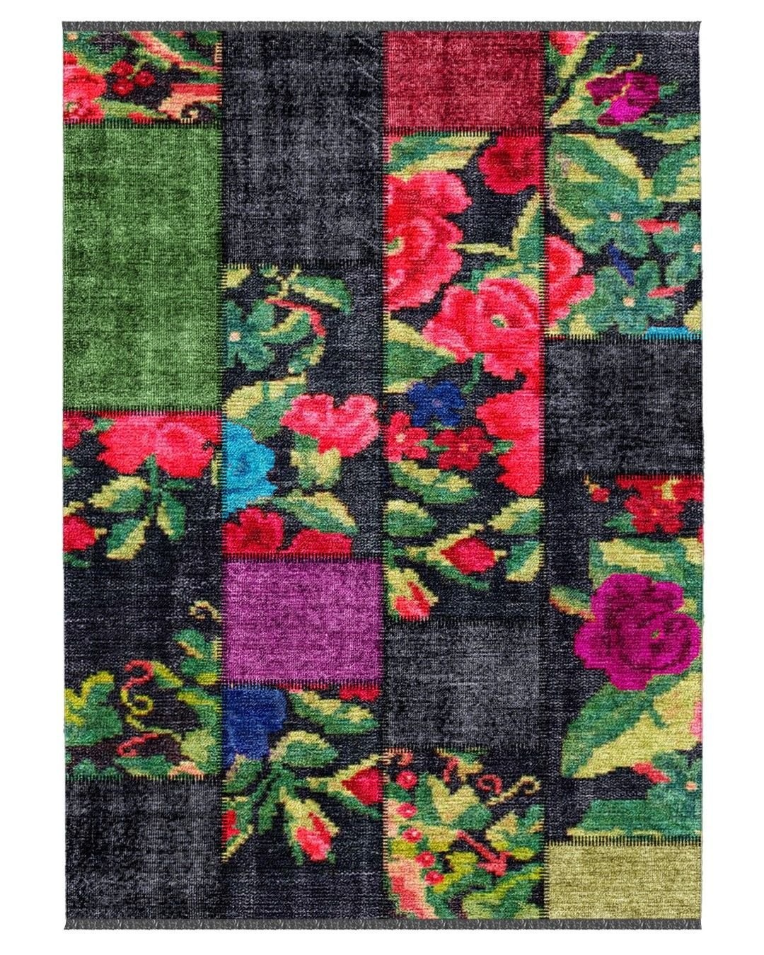 Montis Halı Mensis 27029 Siyah Makine Dokuması Renkli Şönil Patchwork Karabağ Halı