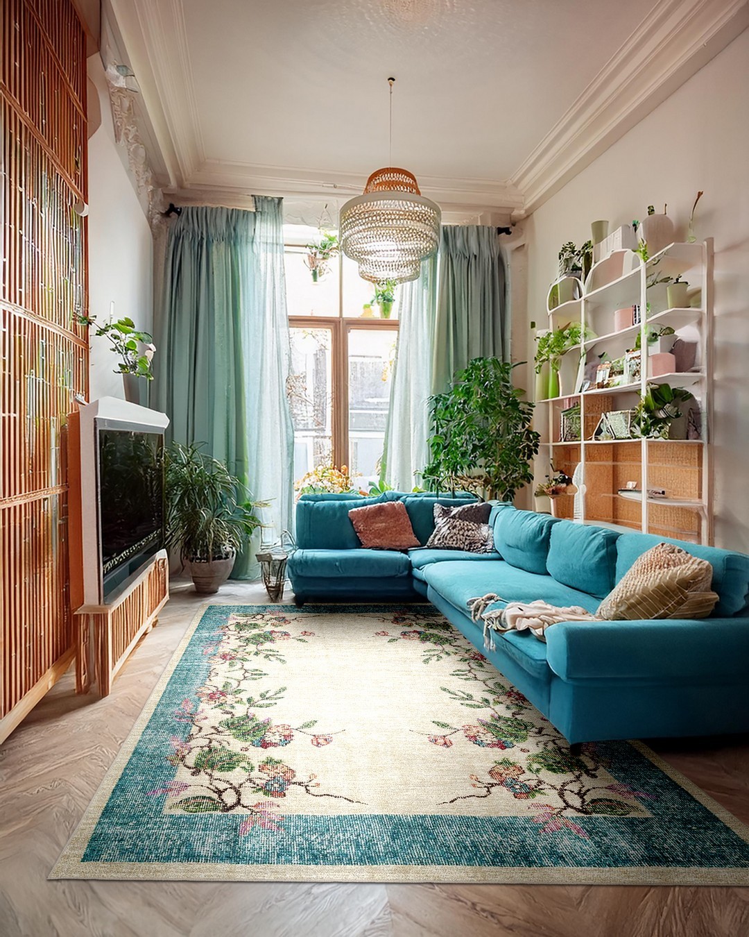 Montis Halı Hedera 19063 Krem Mavi Dokuma Taban Eskitme Halı
