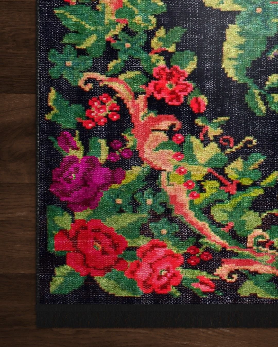 Montis Halı Flores 200011 Siyah Parlak Yumuşak Dokuma Taban Renkli Karabağ Halı