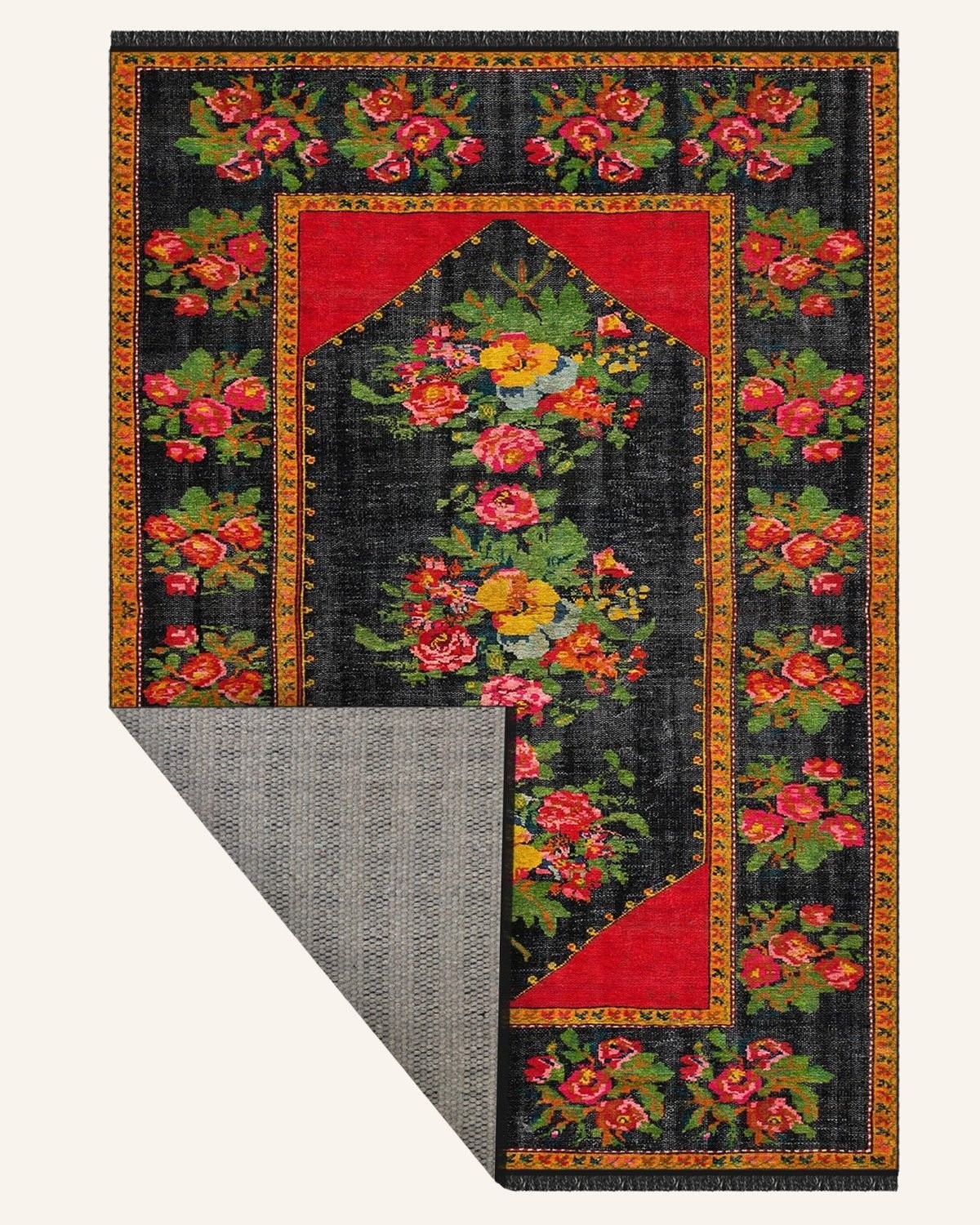Montis Halı Flores 200013 Siyah Kırmızı Parlak Yumuşak Dokuma Taban Renkli Karabağ Halı
