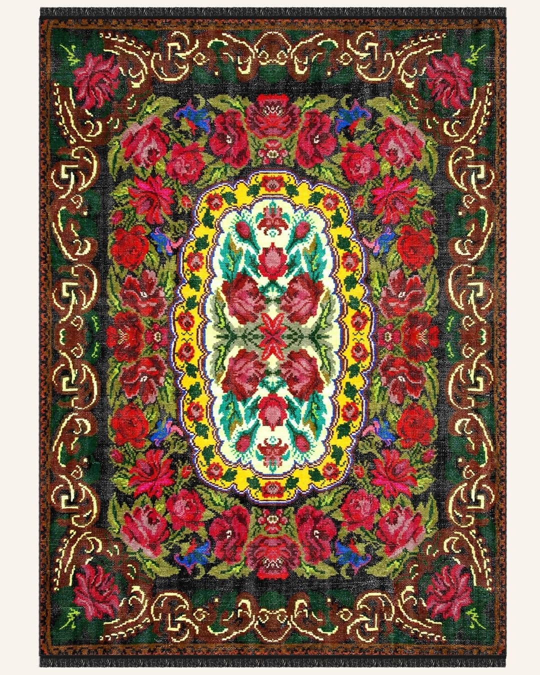 Montis Halı Flores 200010 Siyah Parlak Yumuşak Dokuma Taban Renkli Karabağ Halı