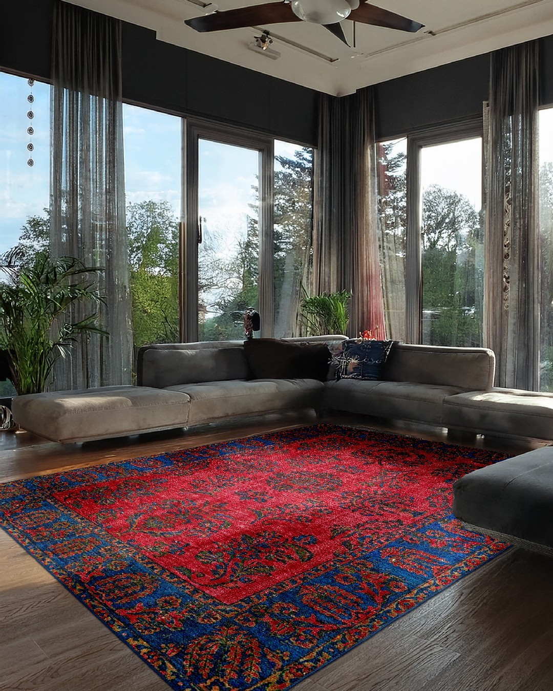 Montis Halı Hedera 19006 Mavi Bordo Dokuma Taban Eskitme Halı