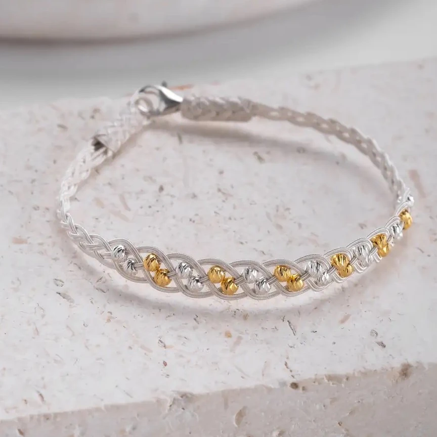 El Örgüsü 999 Ayar Saf Gümüş Kazaziye Bileklik - Gold Gümüş Boncuklu Model