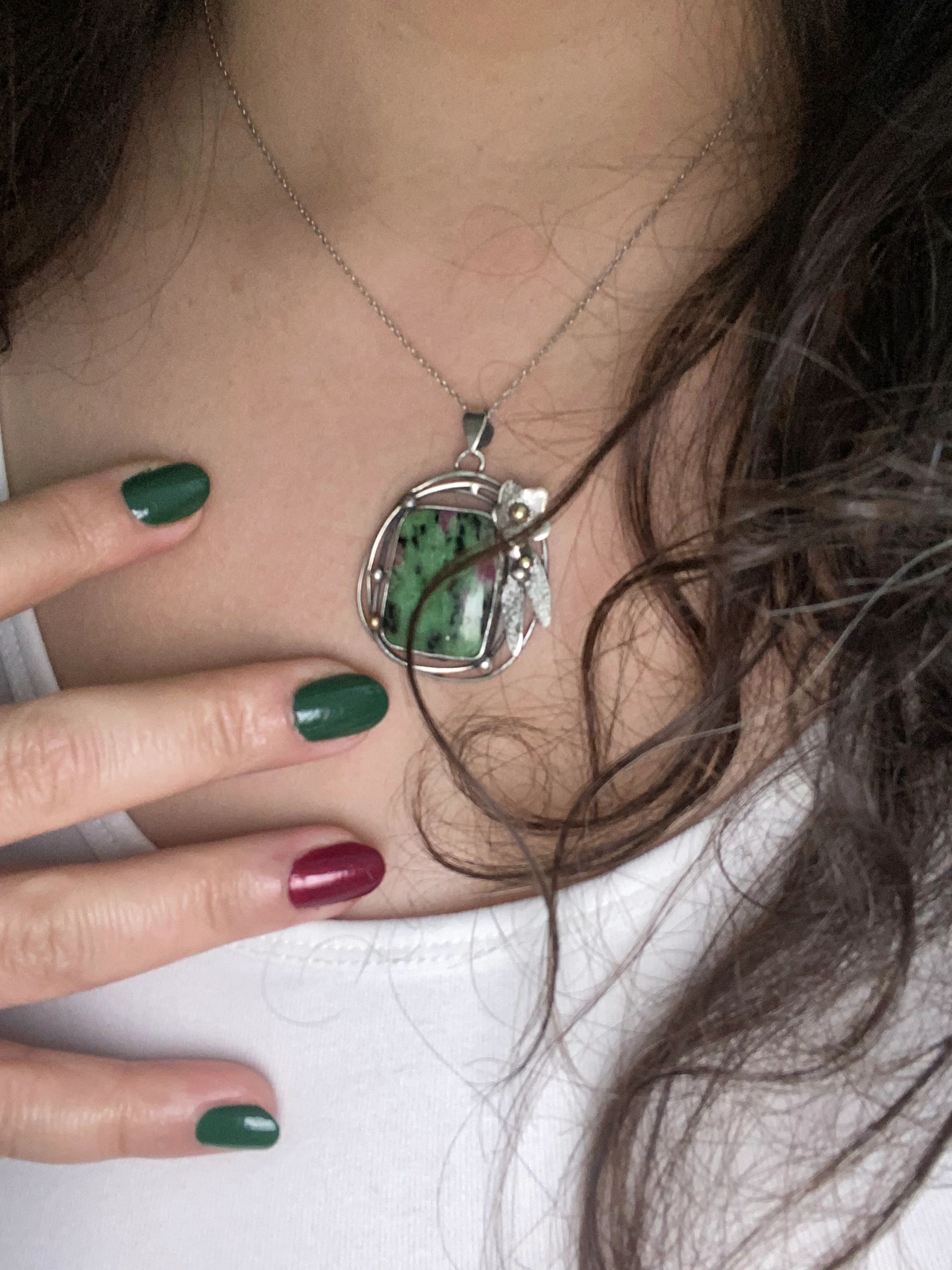 Ruby Zoisit & Pirinç Detaylı Gümüş Kolye - Doğanın İzi - İmza Tasarım