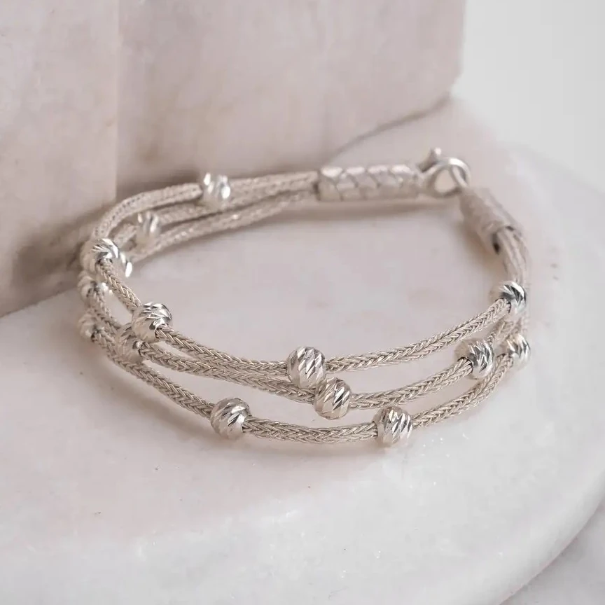 El Örgüsü 999 Ayar Saf Gümüş Kazaziye Bileklik - Gümüş Boncuklu Tasarım