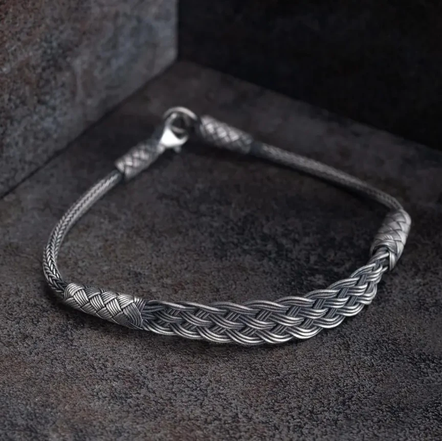 El Örgüsü 999 Ayar Saf Gümüş Kazaziye Bileklik - Oksitli Model