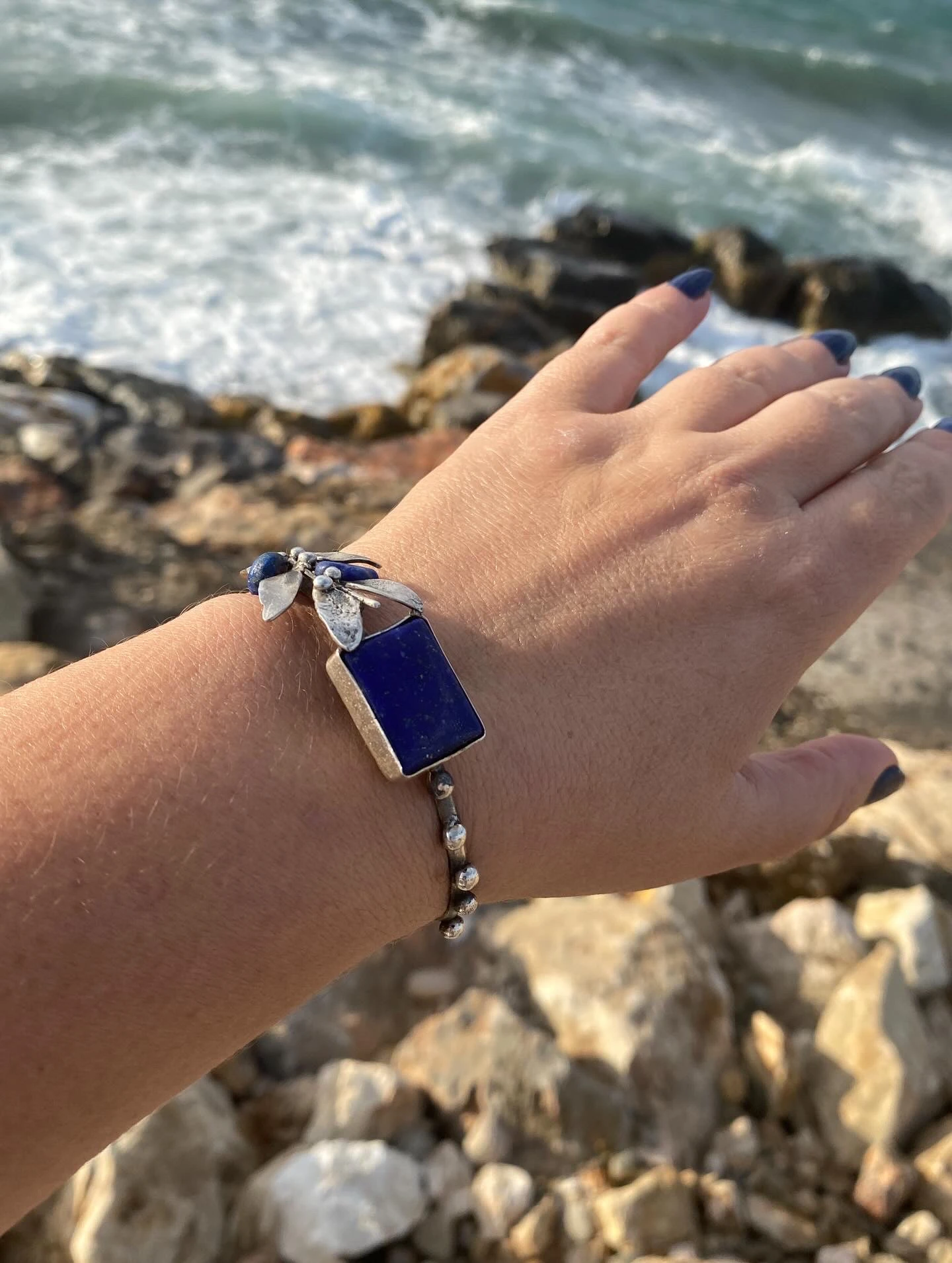 Lapis Lazuli Taşlı El Yapımı Gümüş Kelepçe Bileklik 