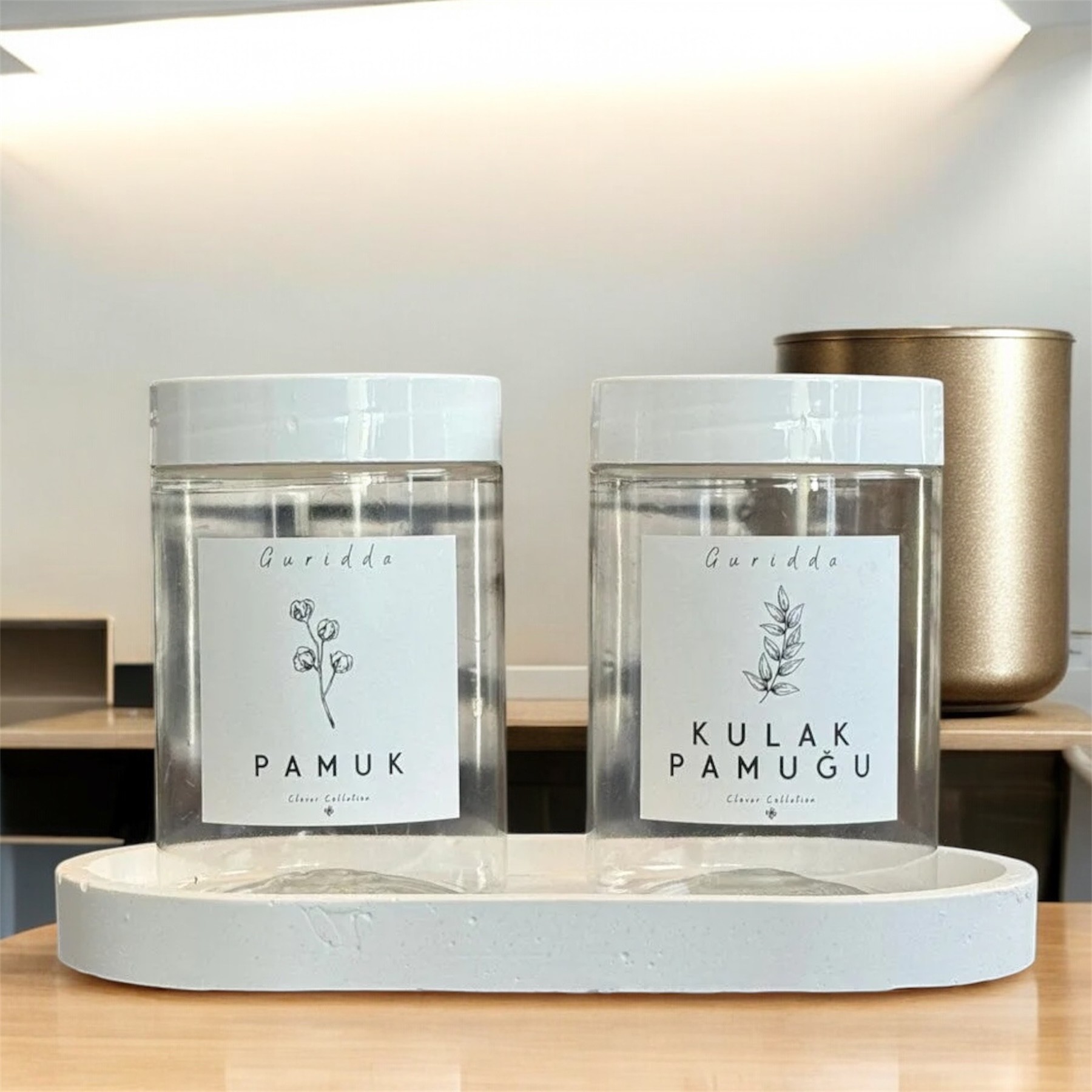 2li Kulak Pamuğu ve Pamuk Kutusu Standlı 200 Ml Şeffaf Plastik Kavanoz Dikey