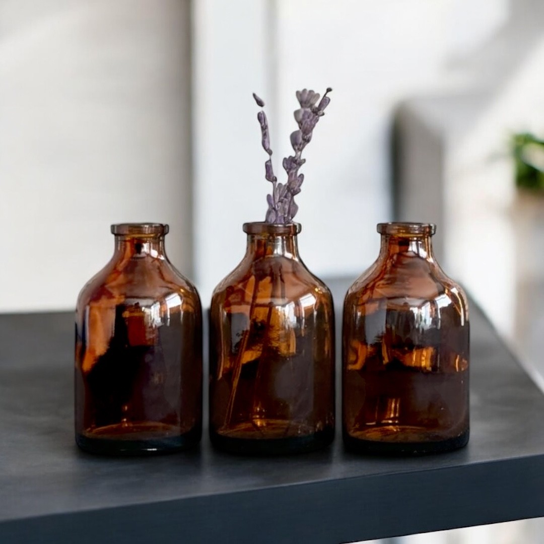 3lü 50 Ml Amber Kahverengi Cam Şişe Vazo