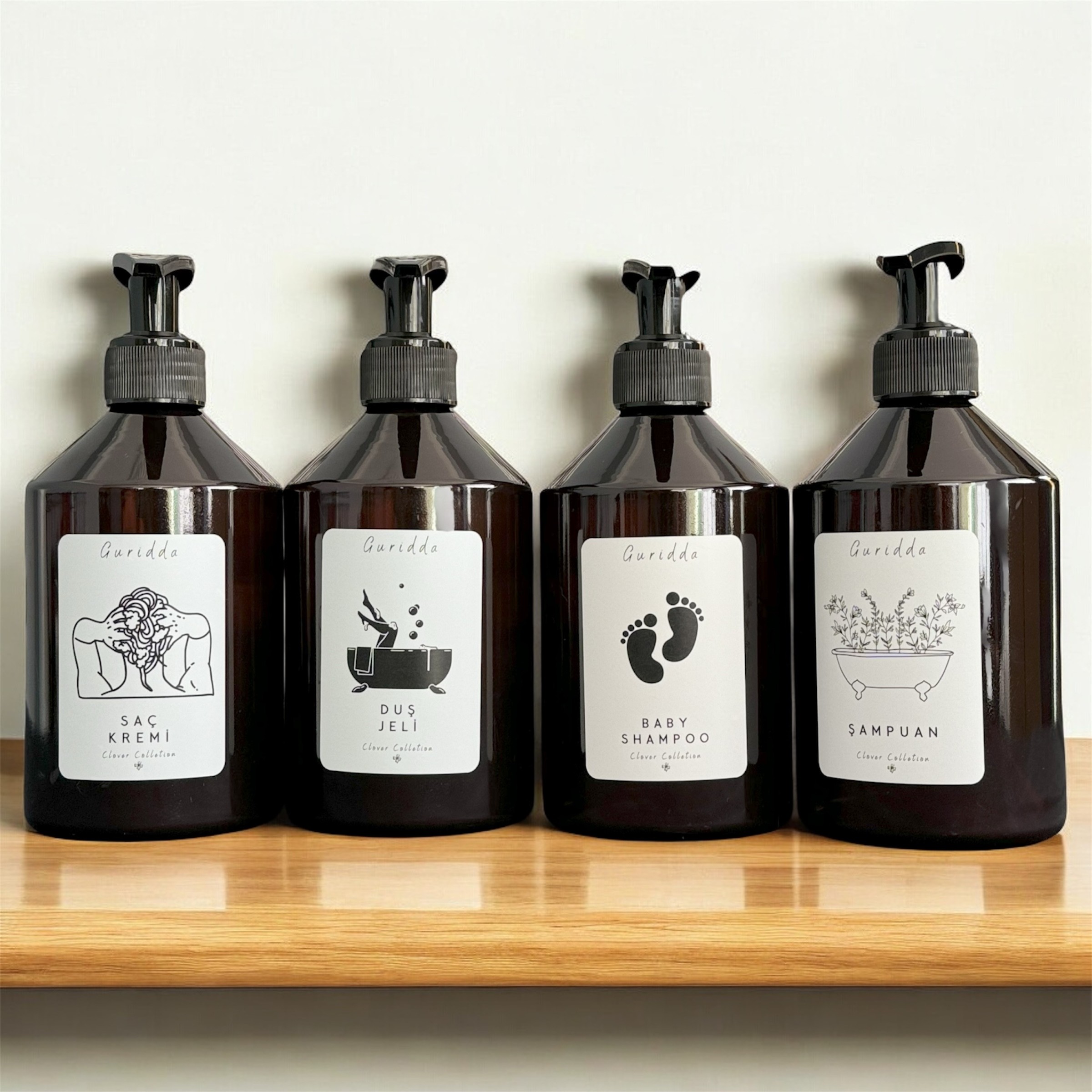 4lü Şampuan Bebek Şampuanı Saç Kremi ve Duş Jeli 500 Ml Amber Şişe