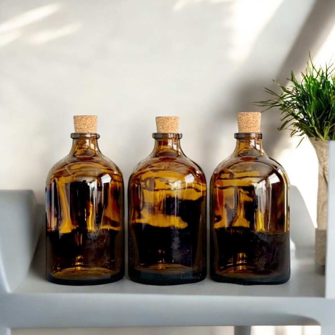 3lü 100 Ml Amber Kahverengi Cam Şişe Vazo Mantar Tıpalı