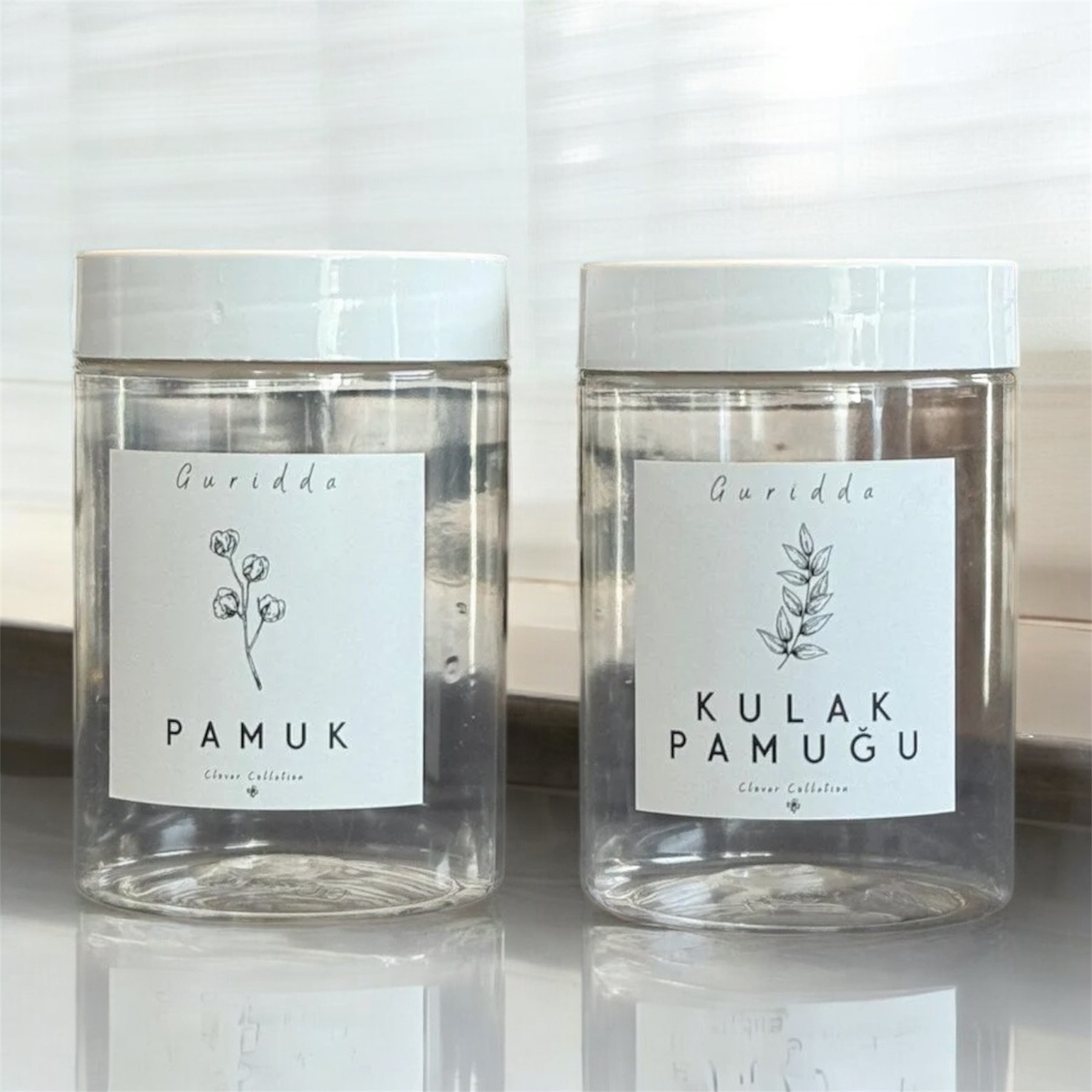 2li Kulak Pamuğu ve Pamuk Kutusu 200 Ml Şeffaf Plastik Kavanoz Dikey