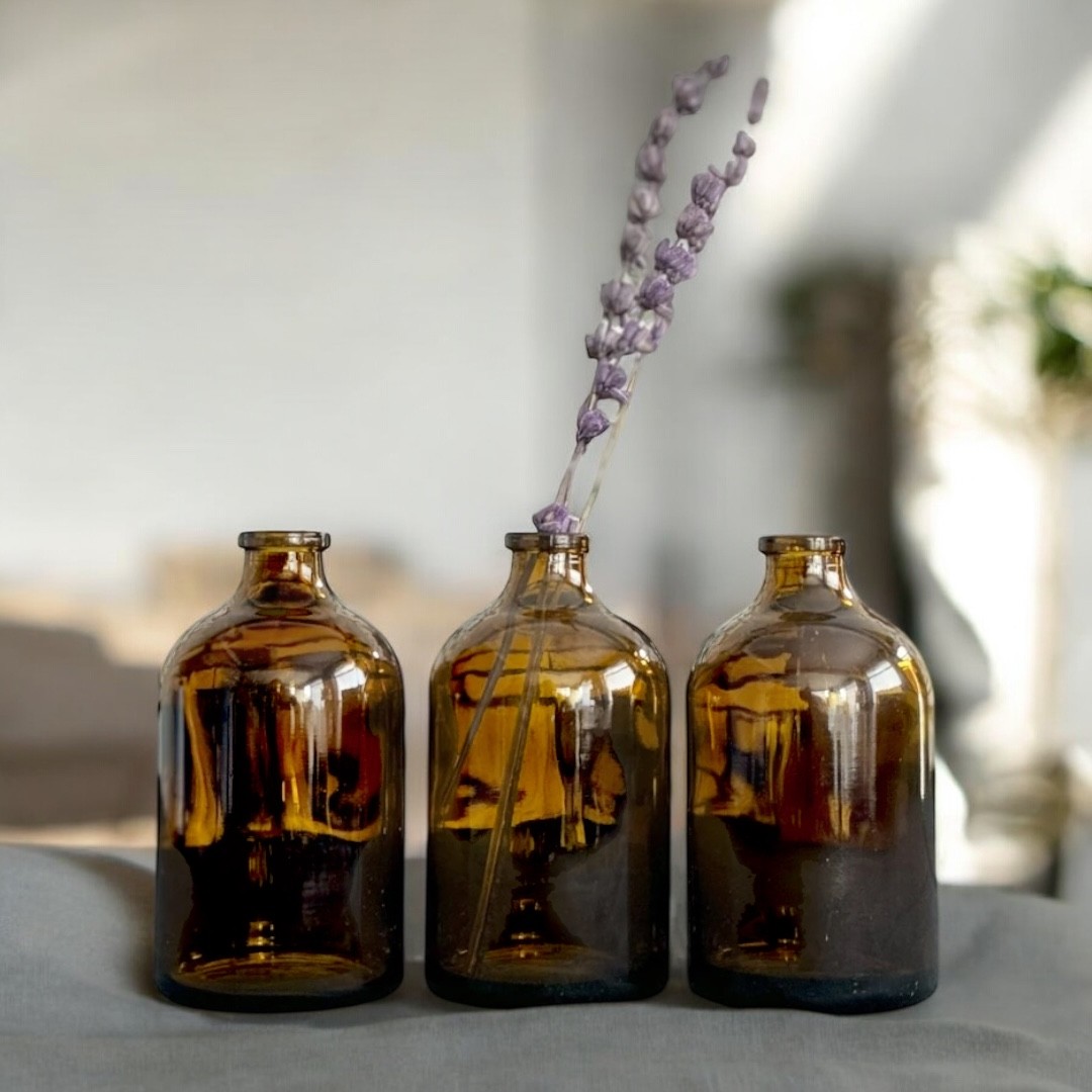 3lü 100Ml Amber Kahverengi Cam Şişe Vazo
