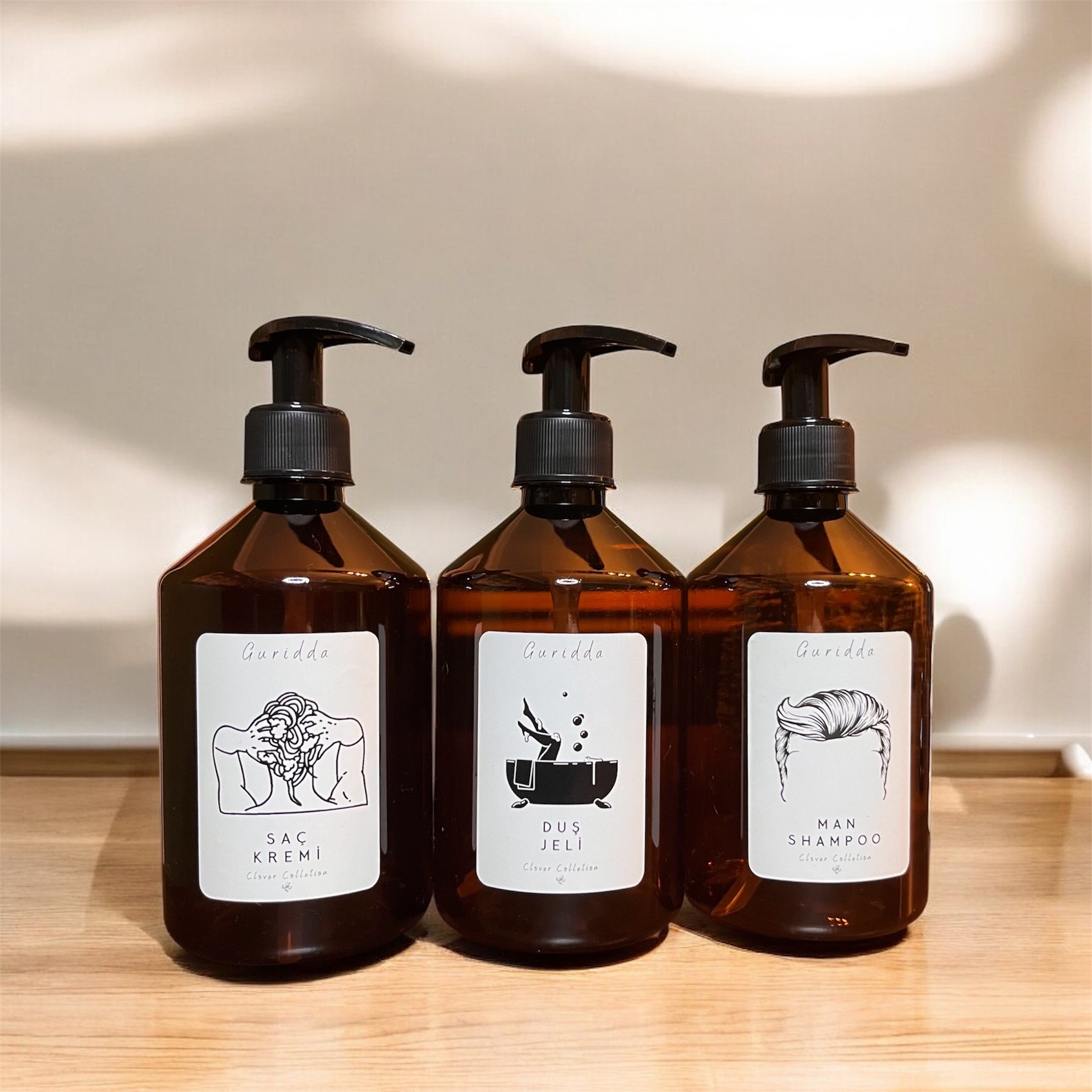 3lü Erkek Şampuan Şaç Kremi ve Duş Jeli Etiketli Plastik Amber Şişe 500ml