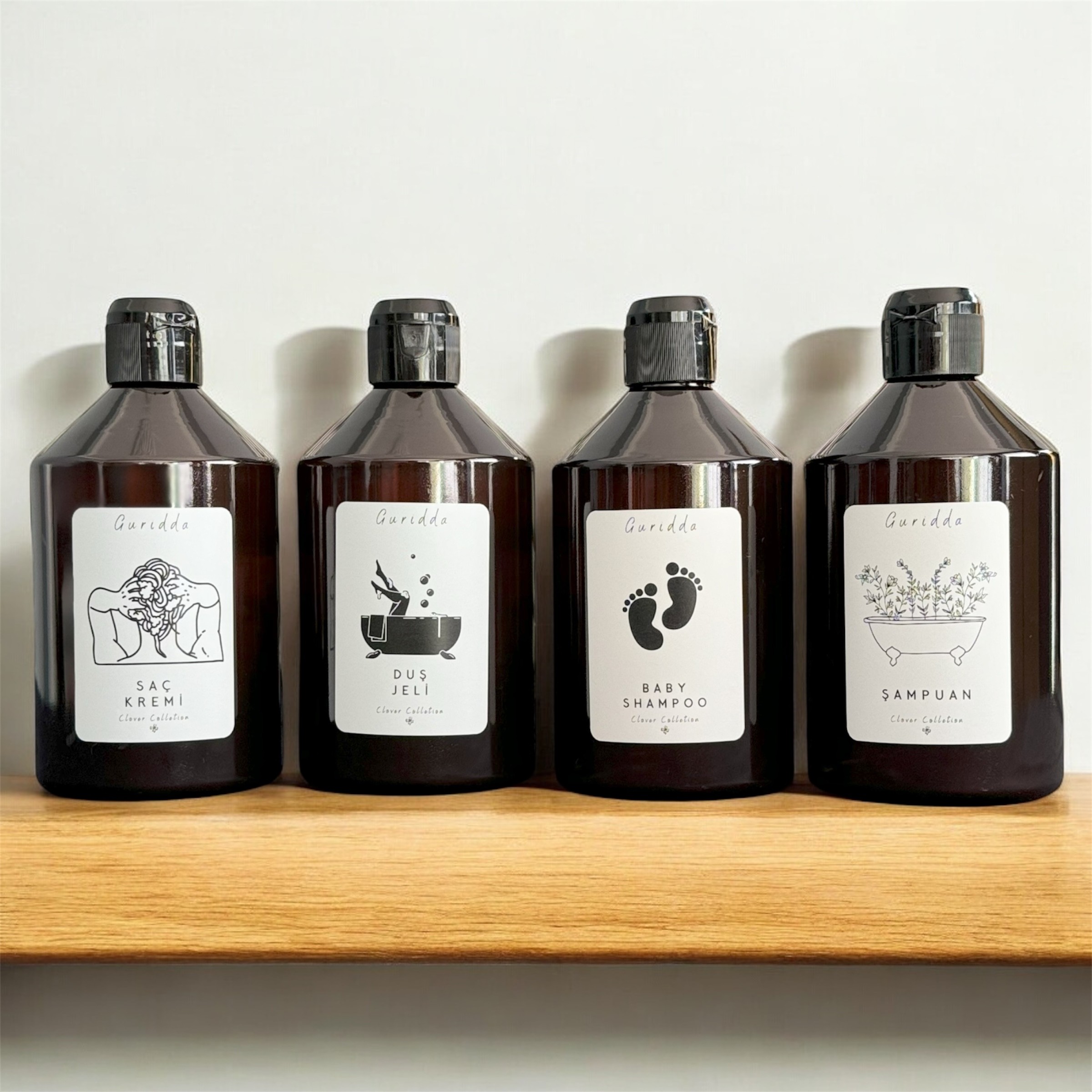 4lü Şampuan, Bebek Şampuanı Saç Kremi ve Duş Jeli Fliptop Kapaklı 500 Ml Amber Şişe