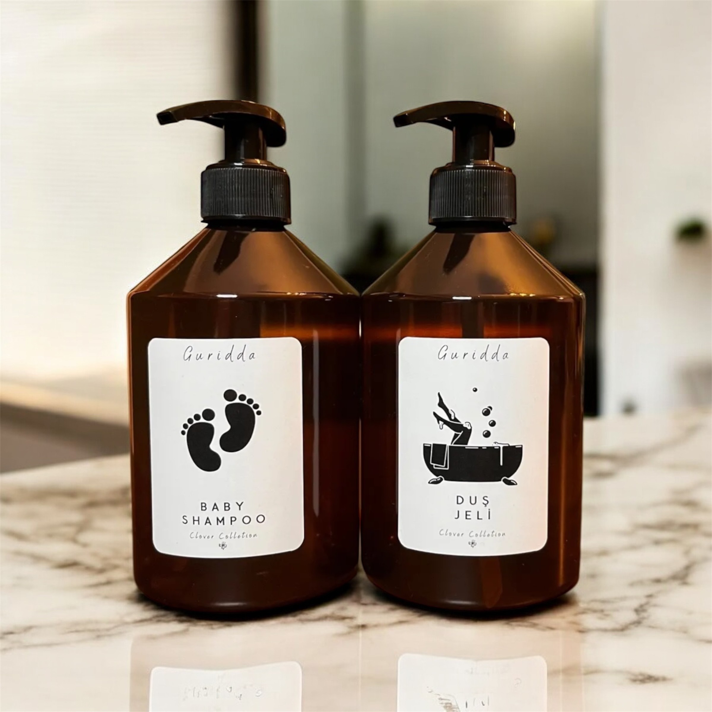 2li Bebek Şampuanı ve Duş Jeli Etiketli Plastik Amber Şişe 500ml