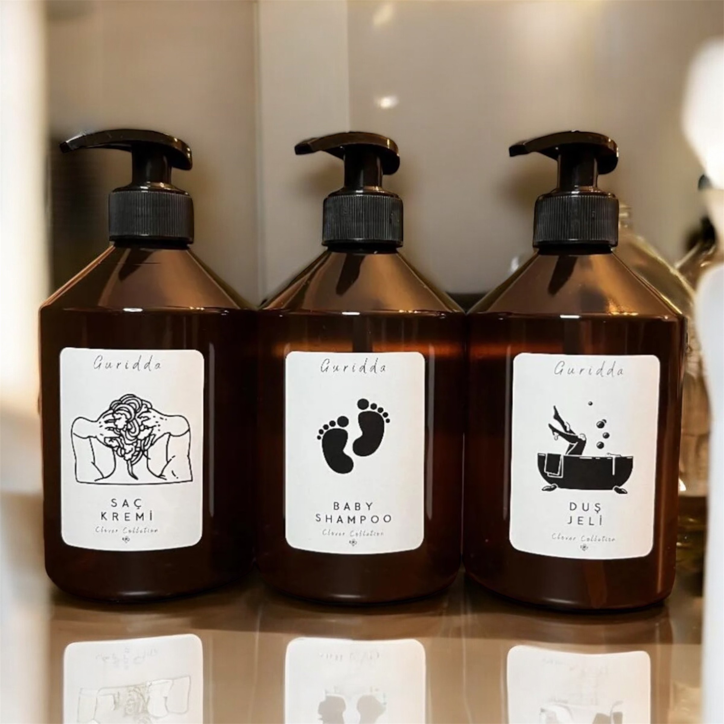 3lü Bebek Şampuan Duş Jeli ve Saç kremi Etiketli Plastik Amber Şişe 500ml