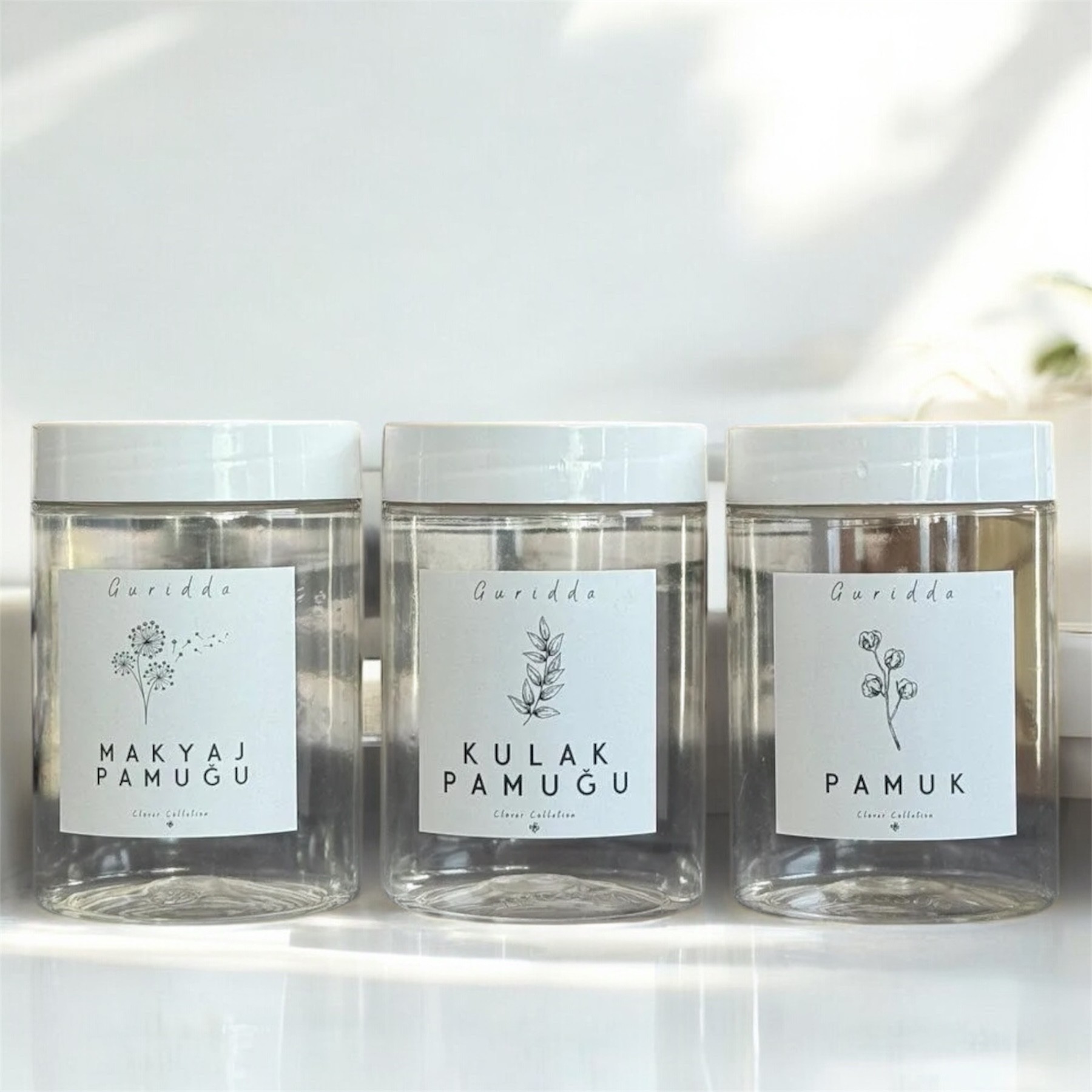 3lü Kulak Pamuğu ve Pamuk Kutusu 200 Ml Şeffaf Plastik Kavanoz Dikey