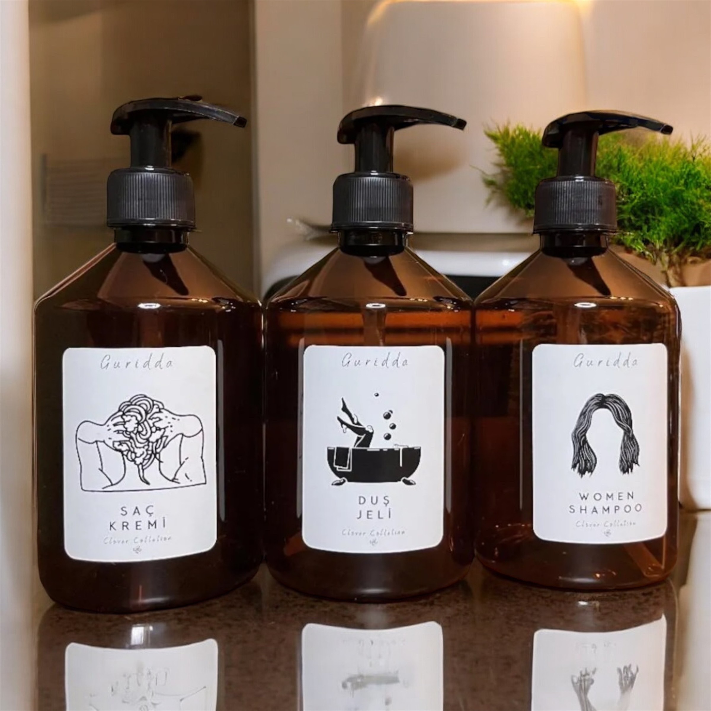 3lü Kadın Şampuan Şaç Kremi ve Duş Jeli Etiketli Plastik Amber Şişe 500ml