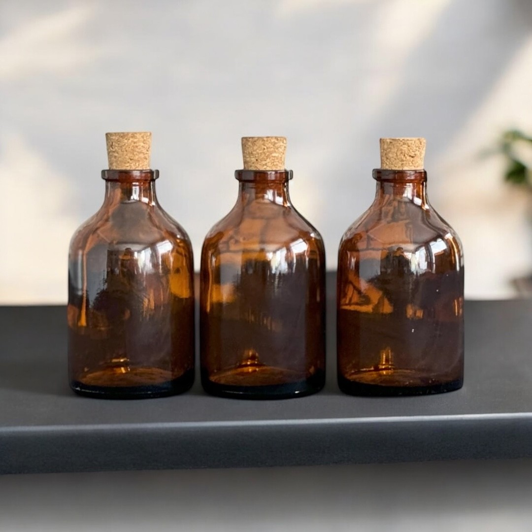 3lü 50 Ml Amber Kahverengi Cam Şişe Vazo Mantar Tıpalı