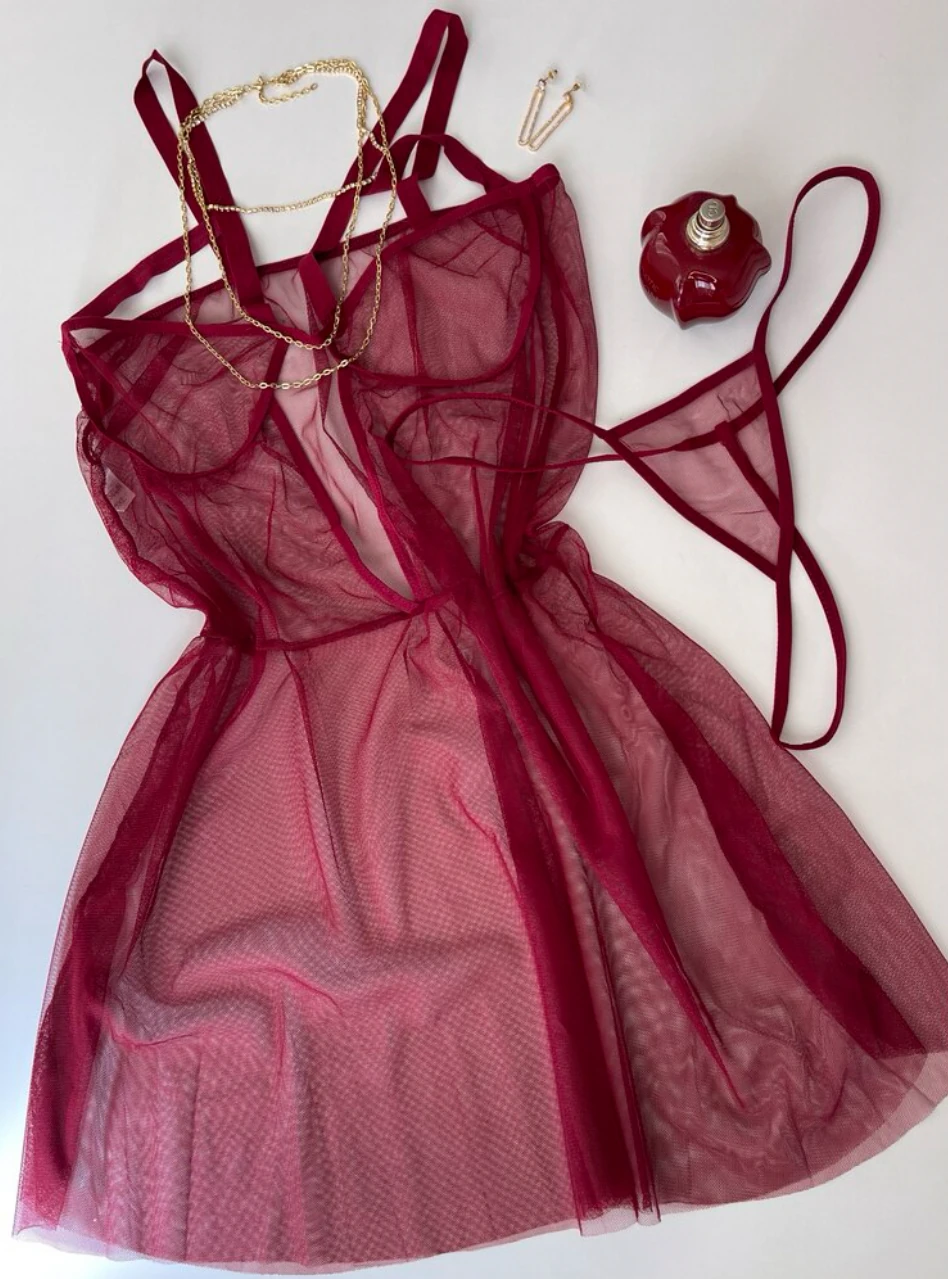 Büyük Beden Bordo Fantezi Gecelik