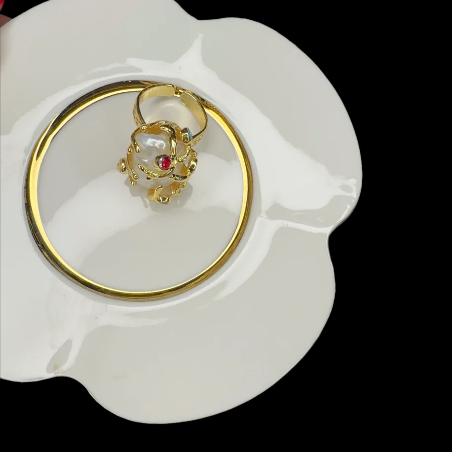 Gerçek inci doğal taş 14 K gold kaplama yüzük