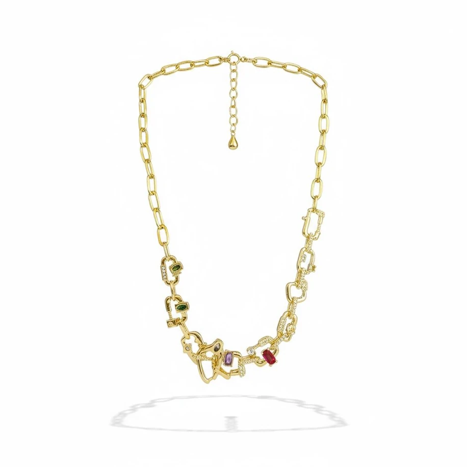 Gold ithal doğal renkli taş VIP kolye