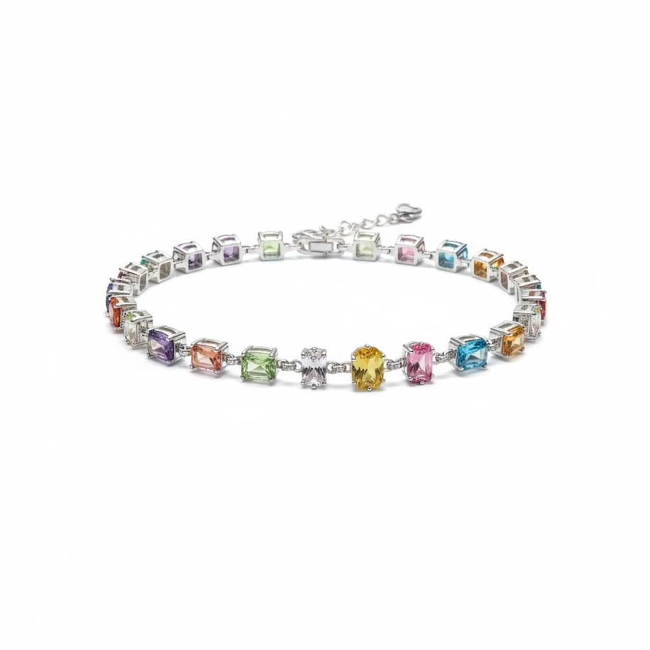 Renkli Kare Detaylı Gümüş Bileklik
