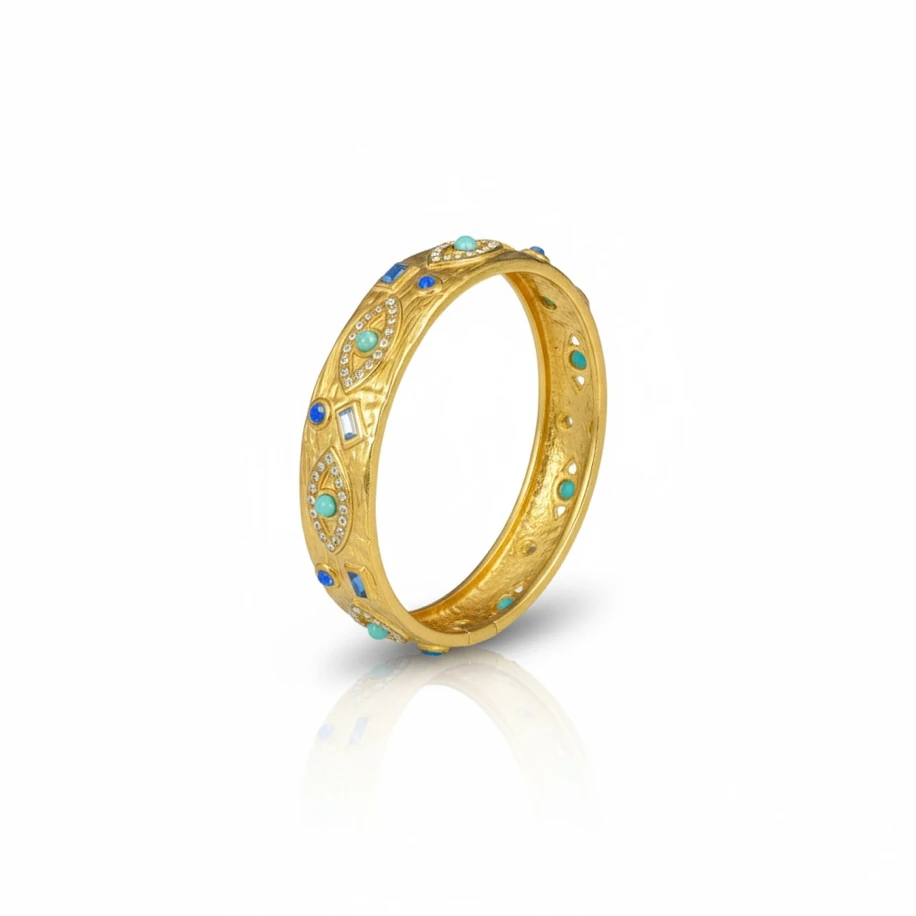 Gold mavi boncuk detaylı kelepçe bilezik