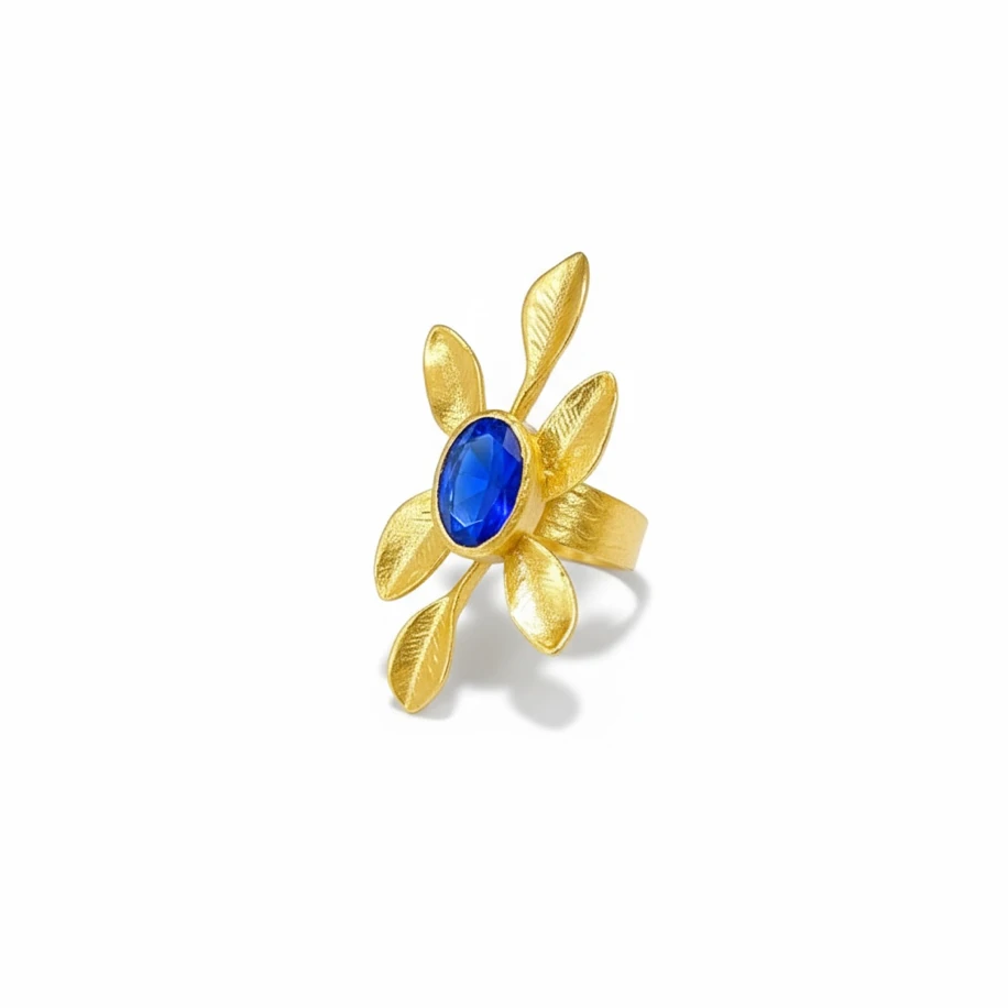 Gold mavi hakiki taş detaylı ithal yüzük