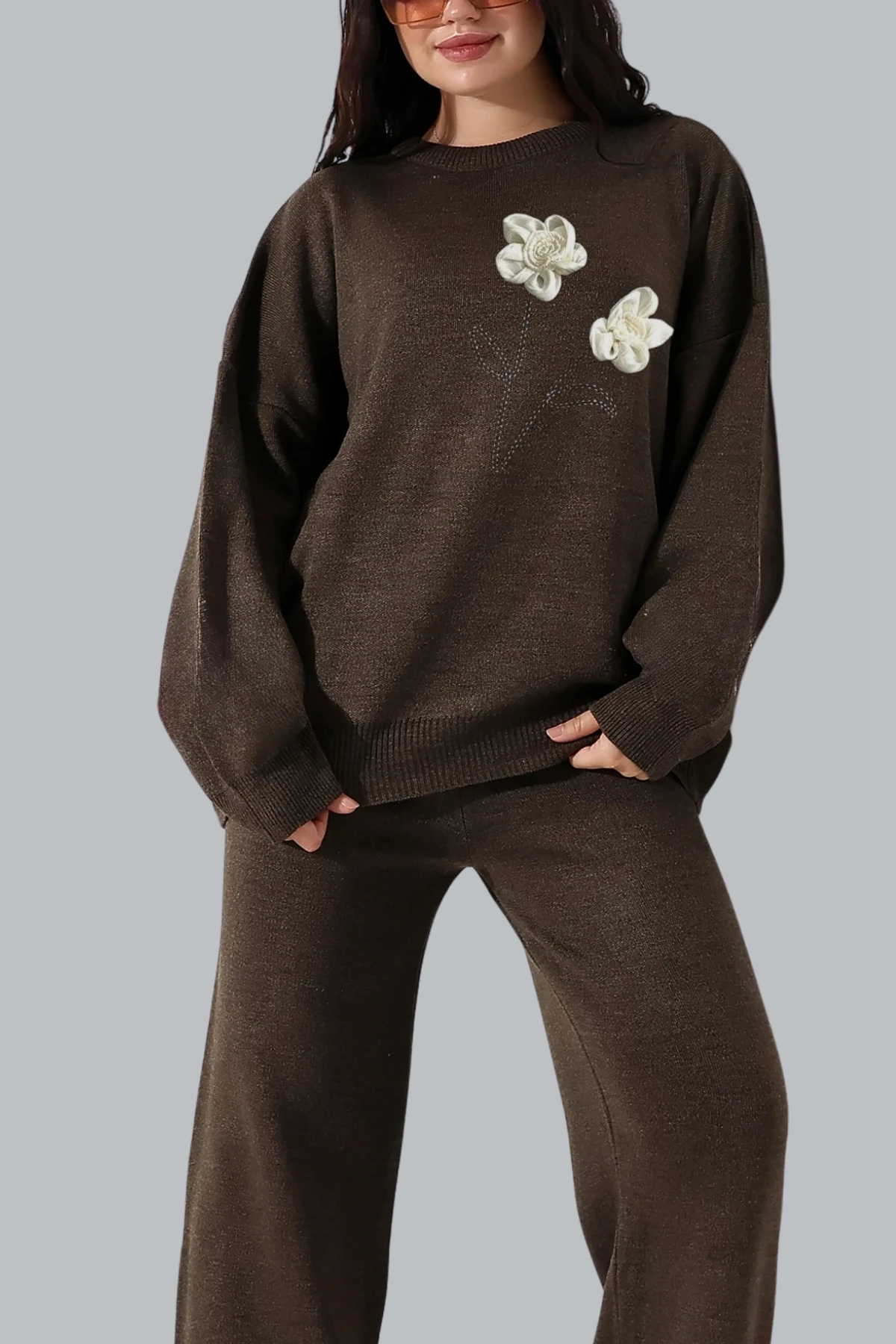 Kadın Gül Detaylı Kazak Pantolon Alt Üst İkili Triko Takım