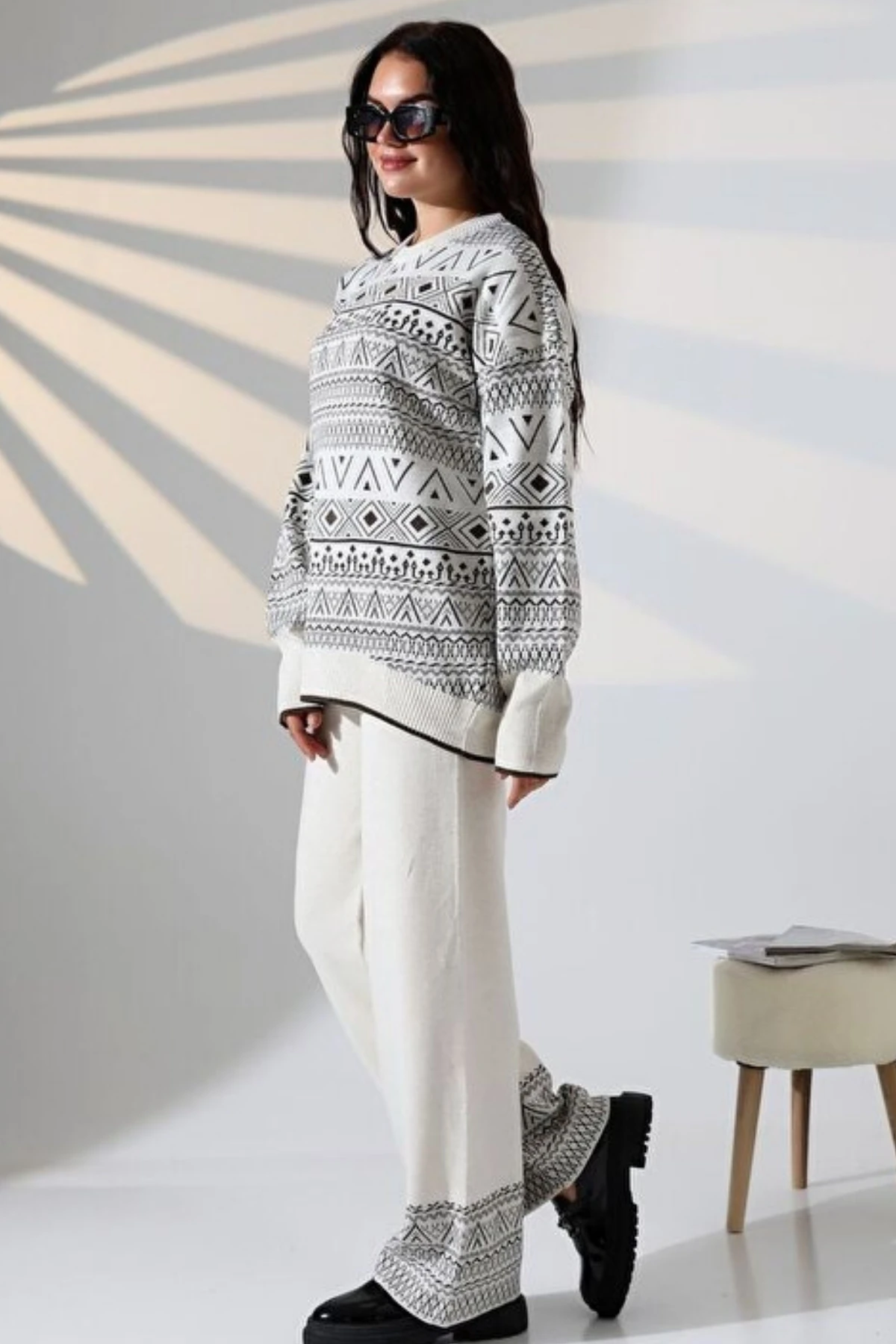 Kadın Kazak Pantolon Çizgisel Alt Üst İkili Triko Takım