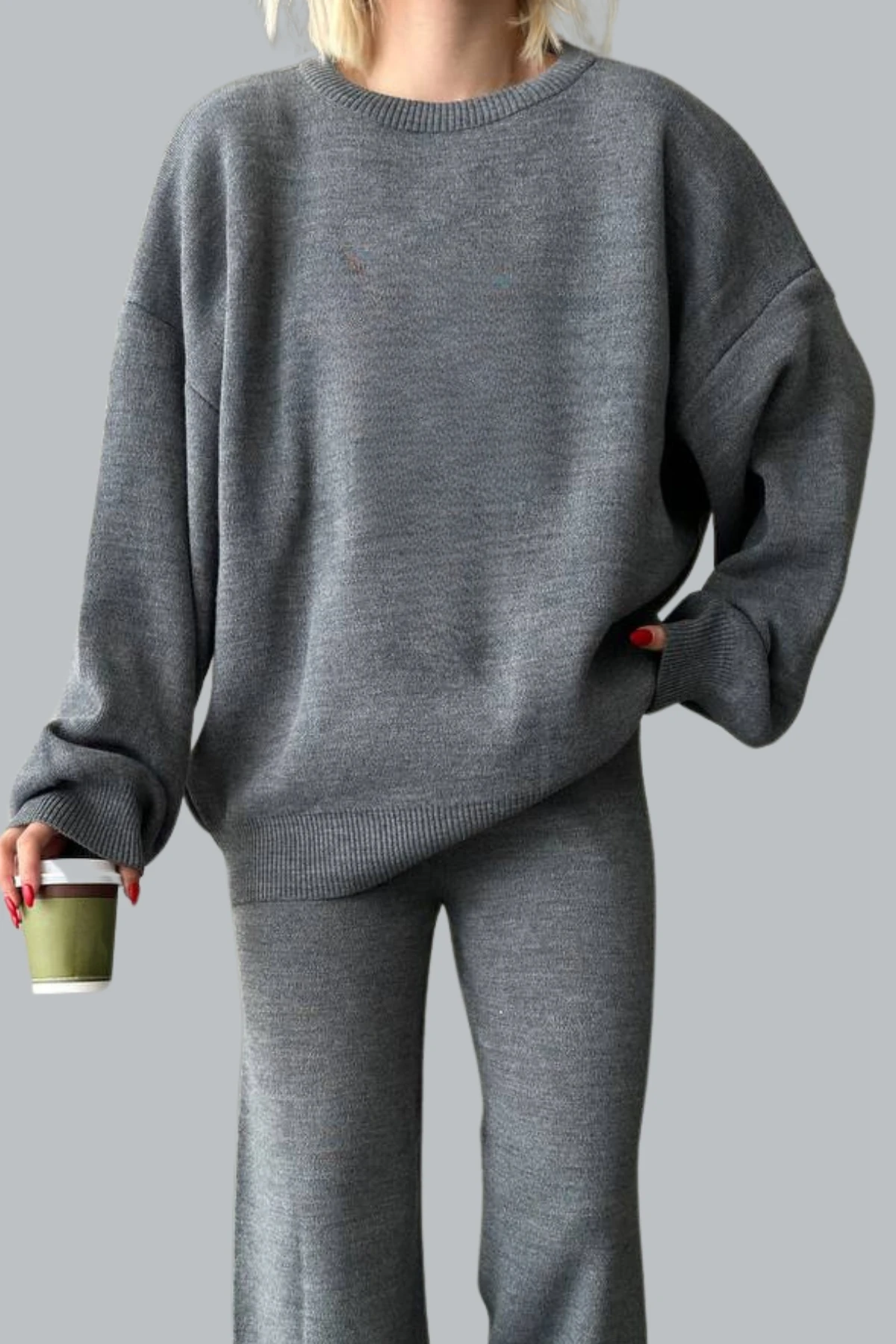 Kadın Düz Alt Üst Kazak Pantolon Basic İkili Triko Takım