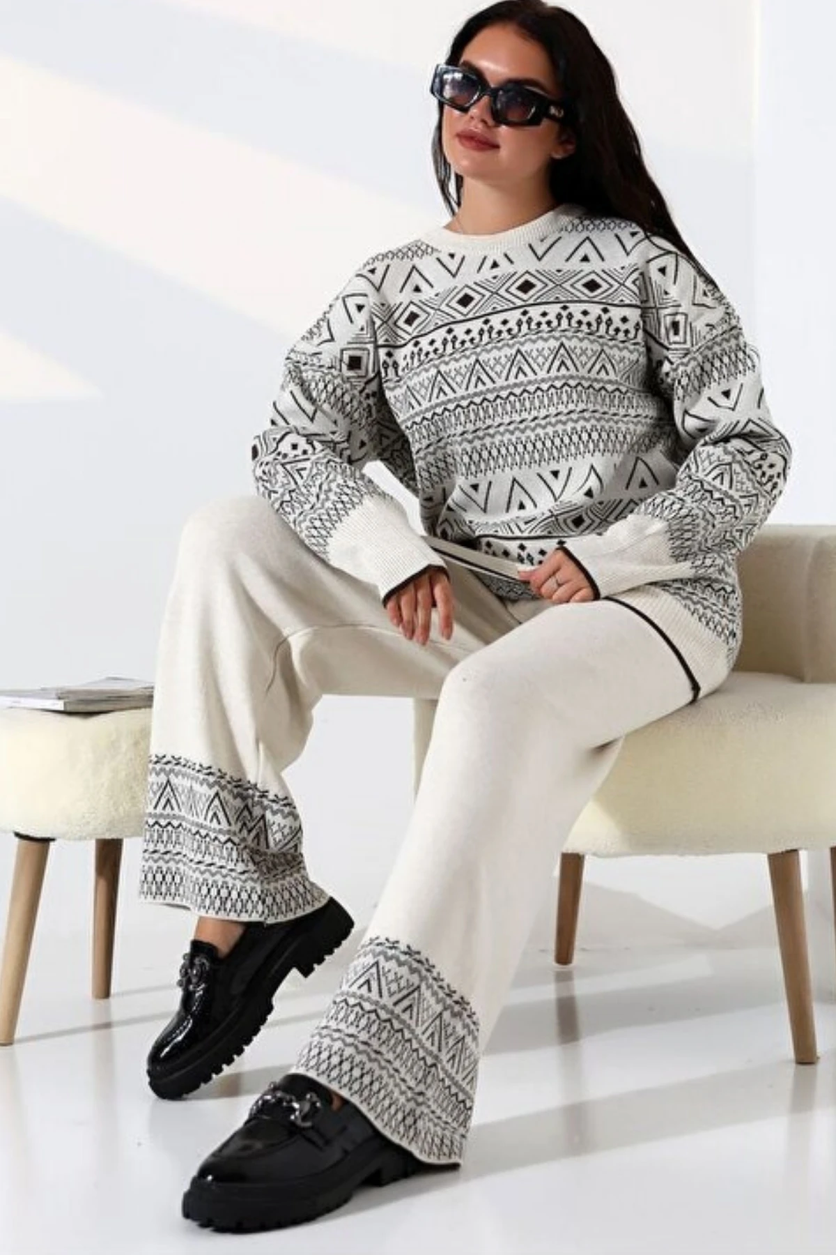 Kadın Kazak Pantolon Çizgisel Alt Üst İkili Triko Takım