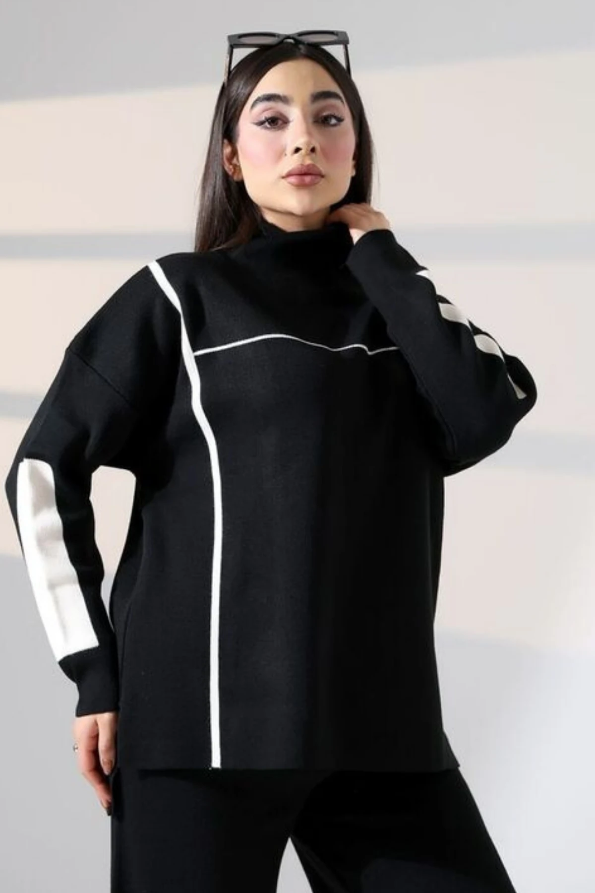 Kadın Kazak Pantolon Çizgisel Alt Üst İkili Triko Takım