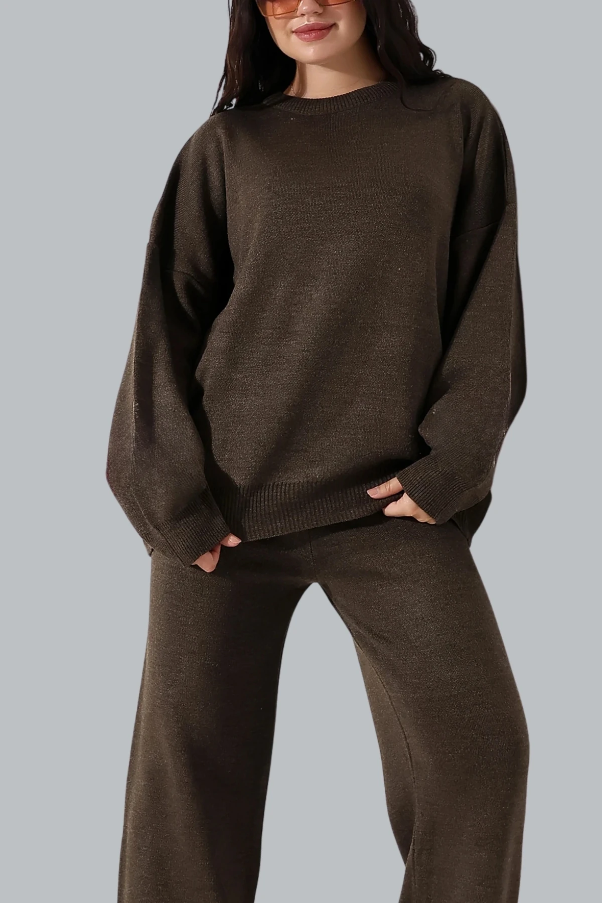 Kadın Düz Alt Üst Kazak Pantolon Basic İkili Triko Takım