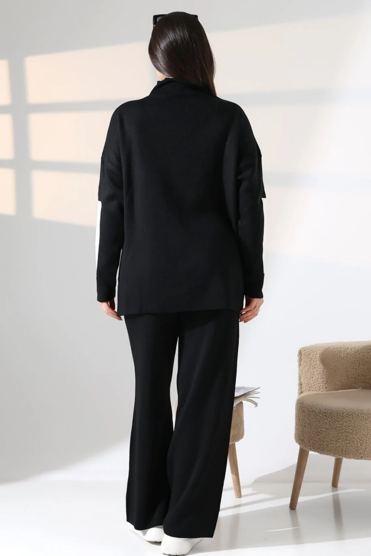 Kadın Kazak Pantolon Çizgisel Alt Üst İkili Triko Takım