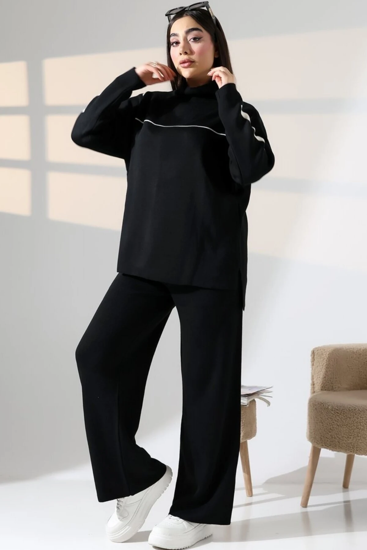 Kadın Kazak Pantolon Çizgisel Alt Üst İkili Triko Takım