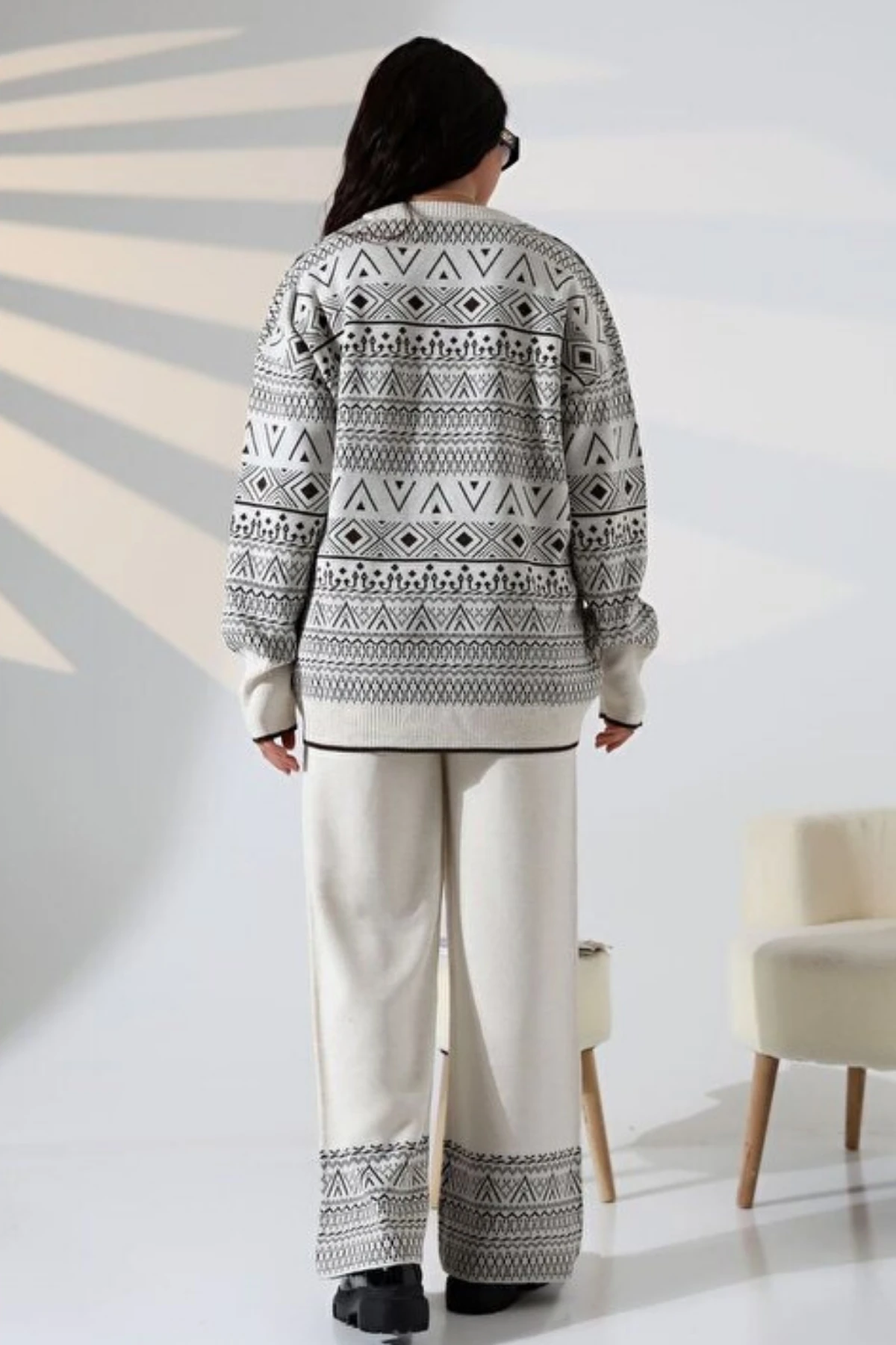 Kadın Kazak Pantolon Çizgisel Alt Üst İkili Triko Takım