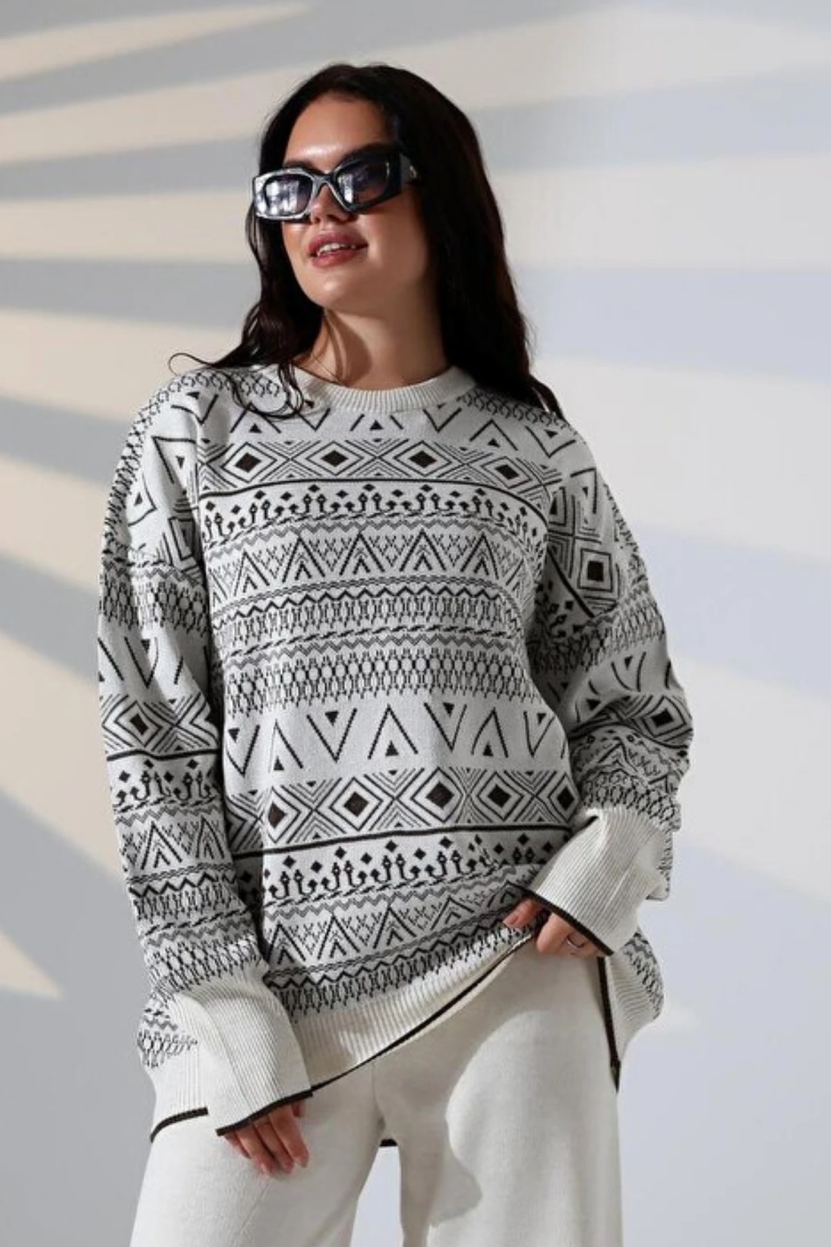 Kadın Kazak Pantolon Çizgisel Alt Üst İkili Triko Takım