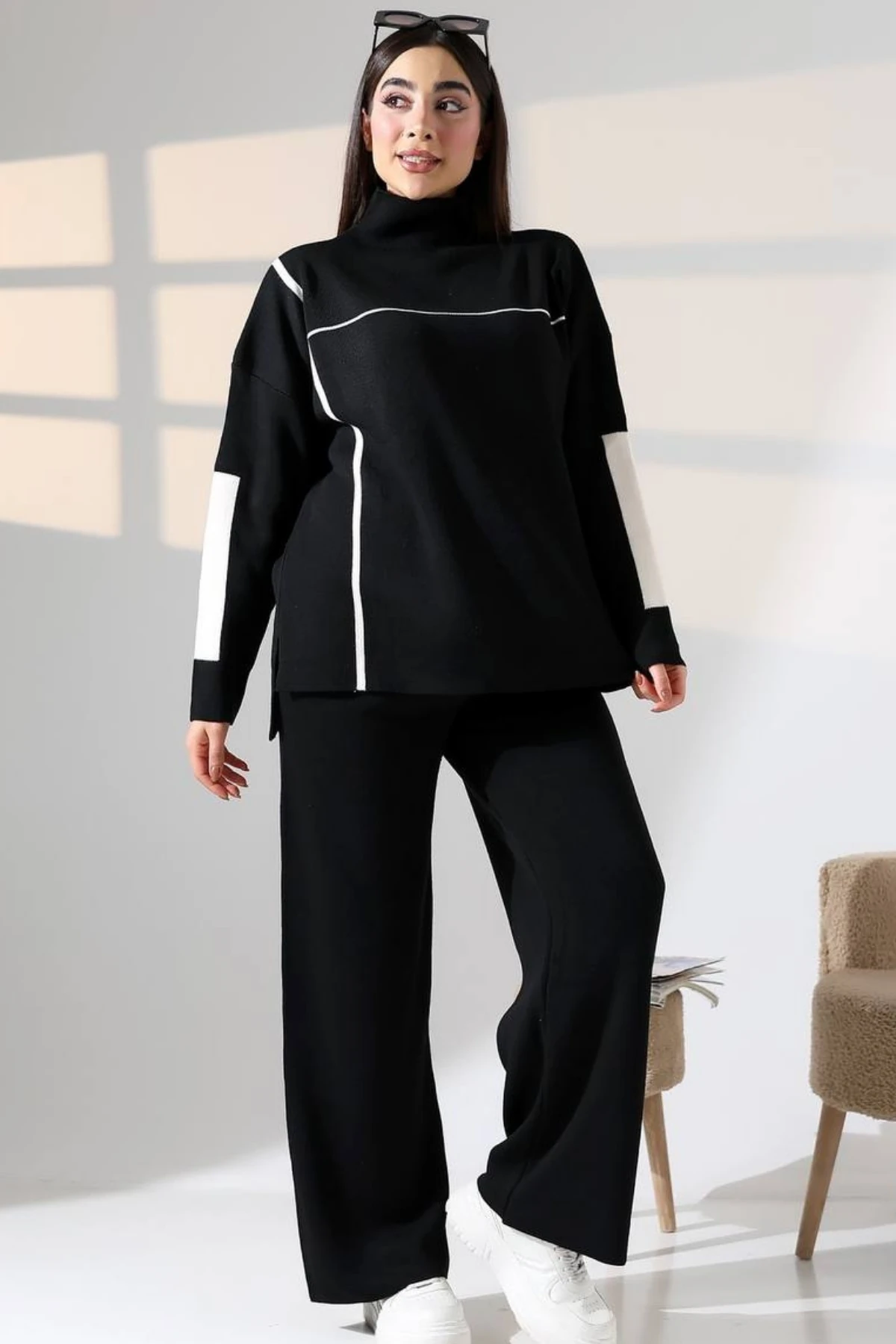 Kadın Kazak Pantolon Çizgisel Alt Üst İkili Triko Takım