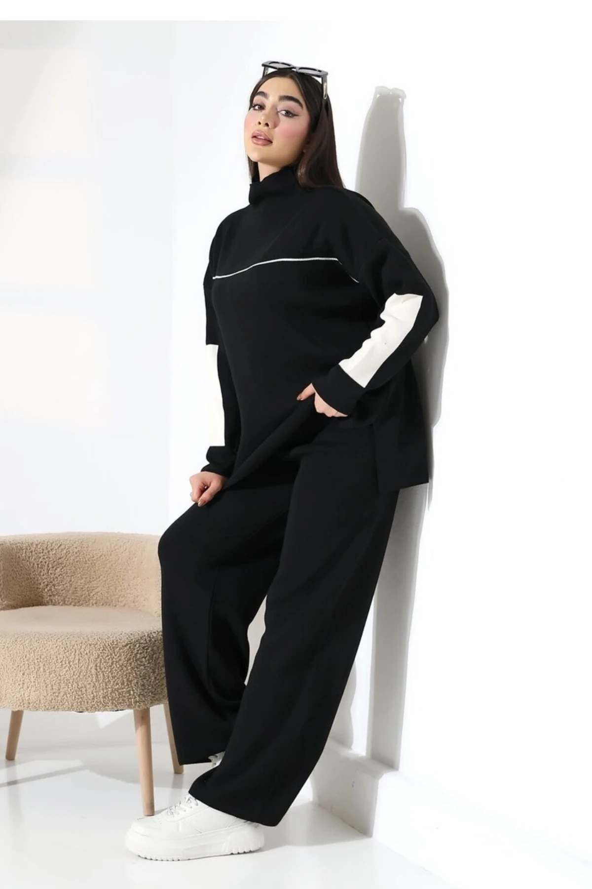 Kadın Kazak Pantolon Çizgisel Alt Üst İkili Triko Takım