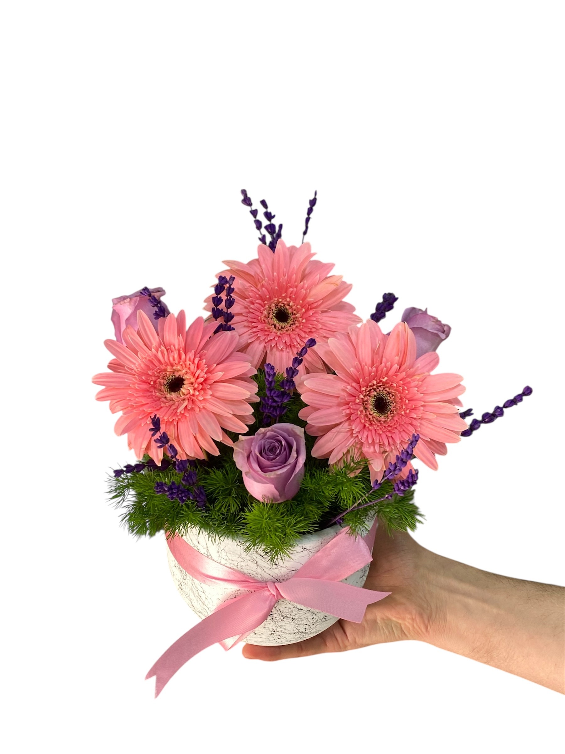Desenli Vazosunda Lila Gül Pembe Gerbera
